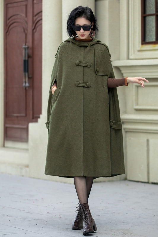 Military green wool winter cape coat 5351