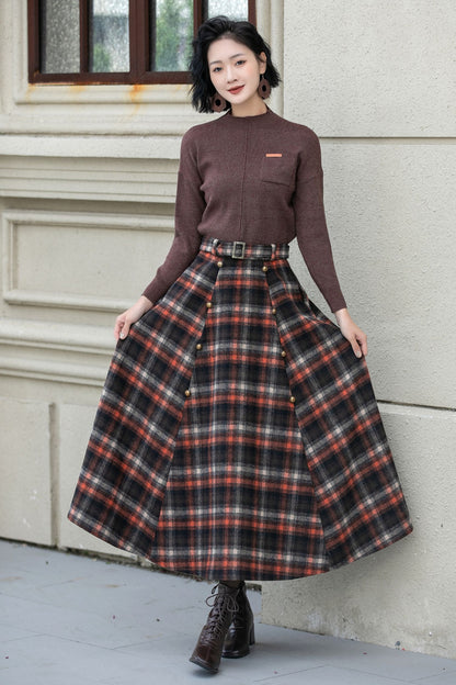 A line plaid midi wool skirt women 5355