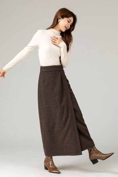 Handmade Wool Blend Skirt – Elegant Dark Brown Wrap Midi for Autumn Winter 5484