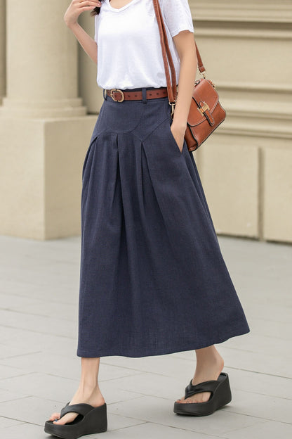 Blue long linen skirt with pockets 4943