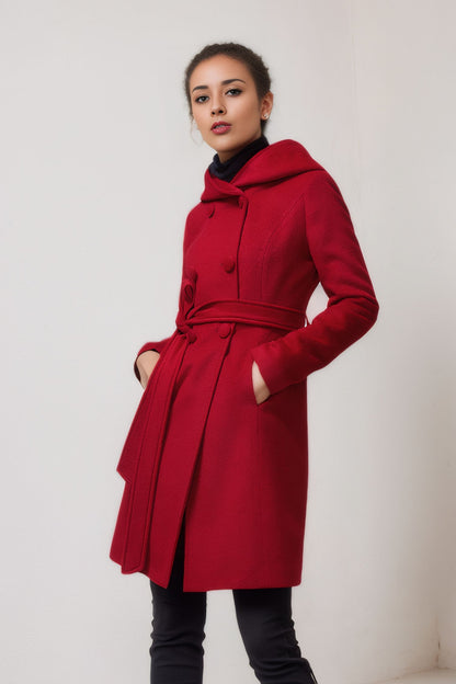 Red Wool Coat - Hooded Double Breasted Tie Waist 5612