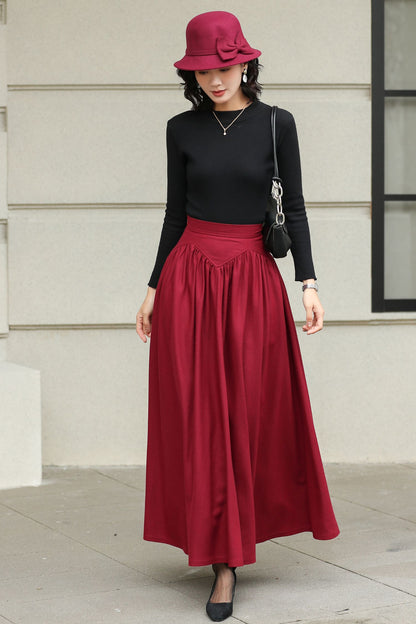 Burgundy Wool Maxi Skirt - Handmade High-Waisted Pleated 6420