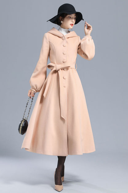 Handmade Wool Hooded Coat – Lantern Sleeve Belted Winter Long Overcoat | Xiaolizi 3210
