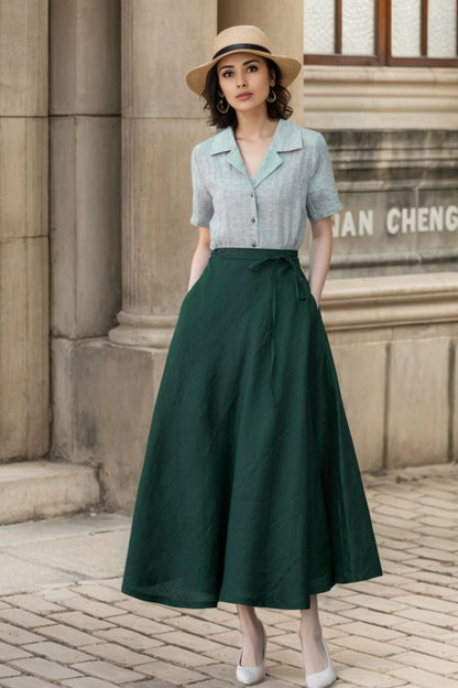 Green Linen Wrap Maxi Skirt - A-Line Flowy Silhouette 5748