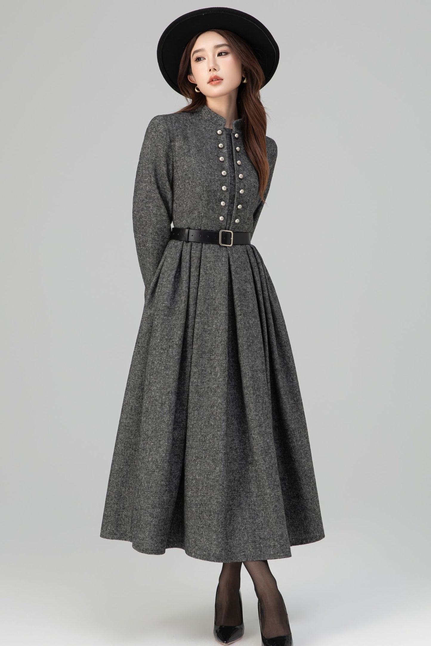 Long Sleeve Pleated Swing Wool Dress 6389