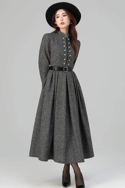 Long Sleeve Pleated Swing Wool Dress 6389