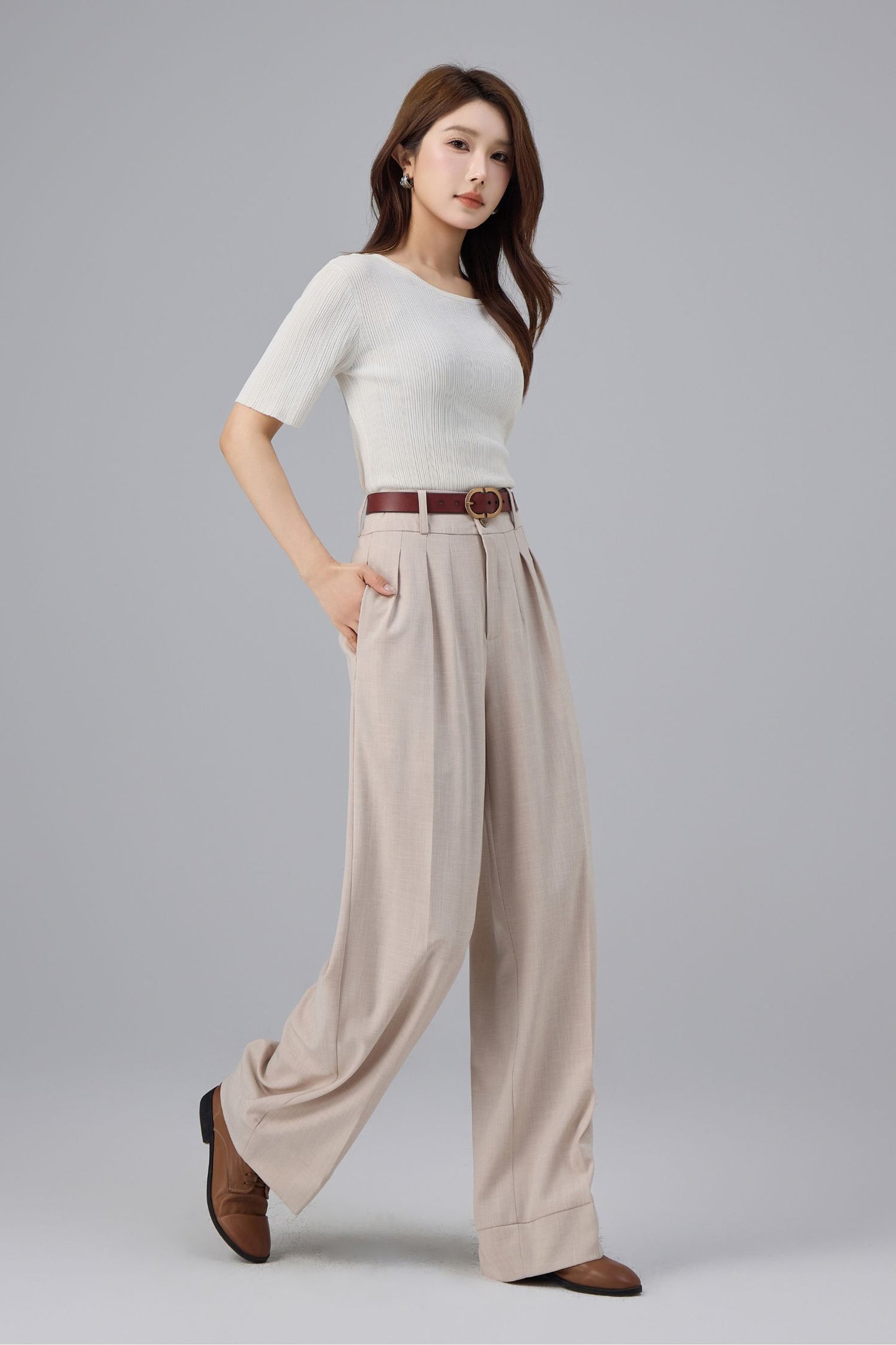 Beige Polyester Wide Leg Pants - High Waist Pleated | Xiaolizi 6761