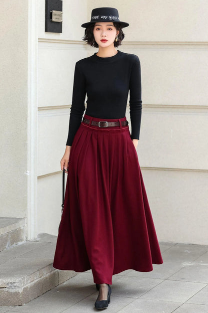Red Wool Blend A-Line Ankle Length Skirt Mid Waist Casual 6972
