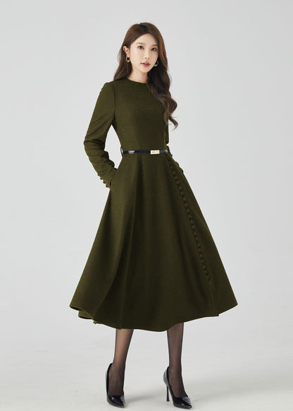 Dark Green Wool Midi Dress – Long Sleeve A-Line Winter Dress with Pockets 5500