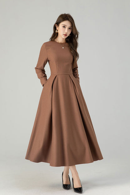 Dark Green Wool Midi Dress - Swing Silhouette with Detachable Cape 4560
