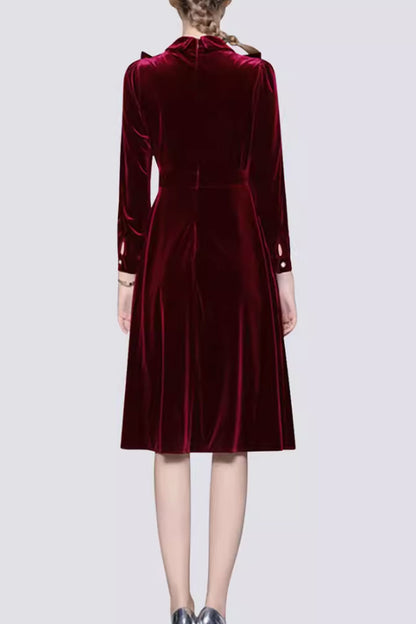 Blue Velvet Knee Length Dress - Ruffle Detail & Lapel Collar 4798