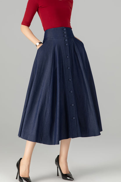 Navy Cotton Denim Midi Skirt - High Waist A-Line Button Front 5713