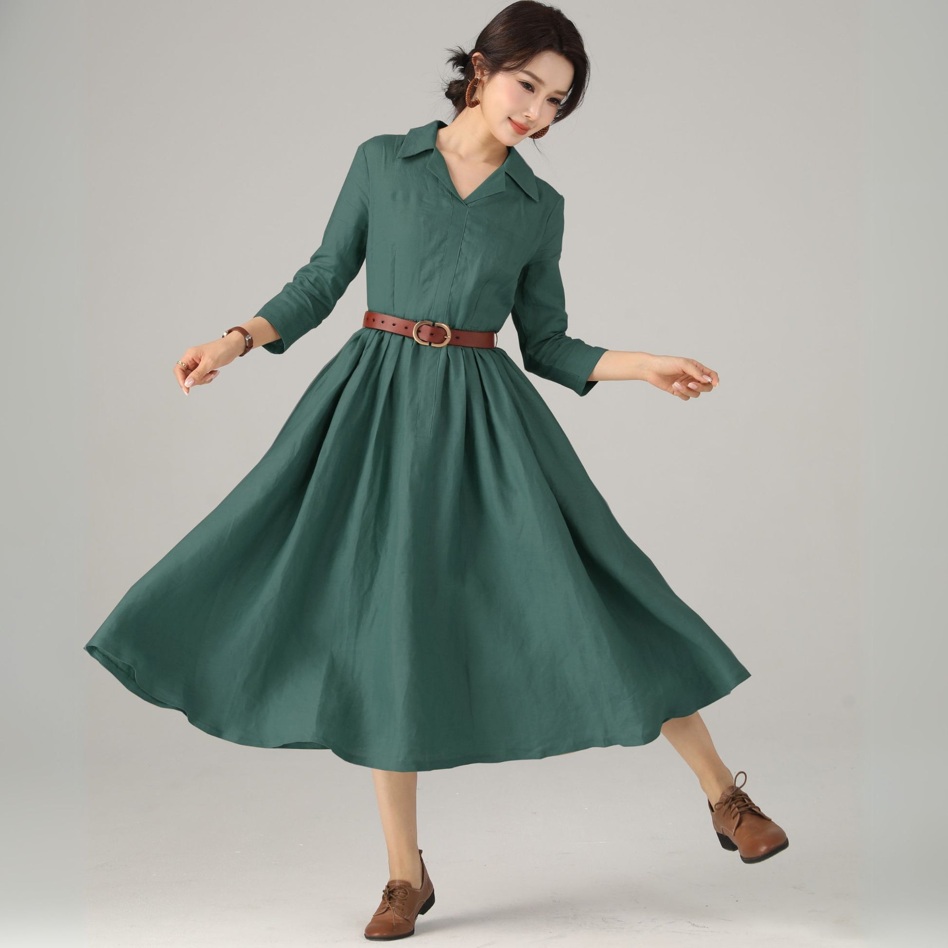 Women's Green Linen Midi dress 5720 Xiaolizi Women's Green Linen Midi dress 5720 Xiaolizi