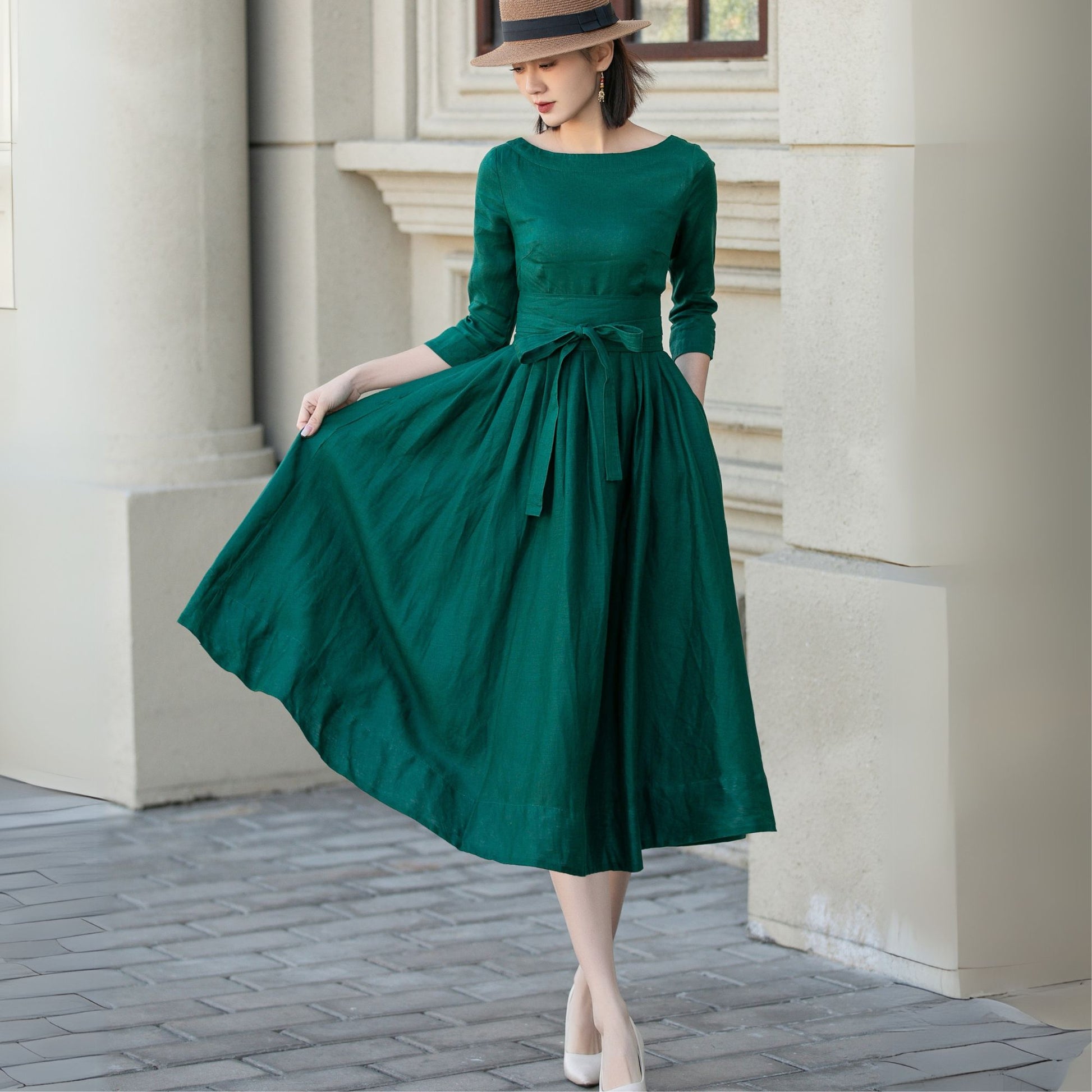 Green Linen Dress with Bow Tie Waist 5721 Xiaolizi Green Linen Dress with Bow Tie Waist 5721 Xiaolizi
