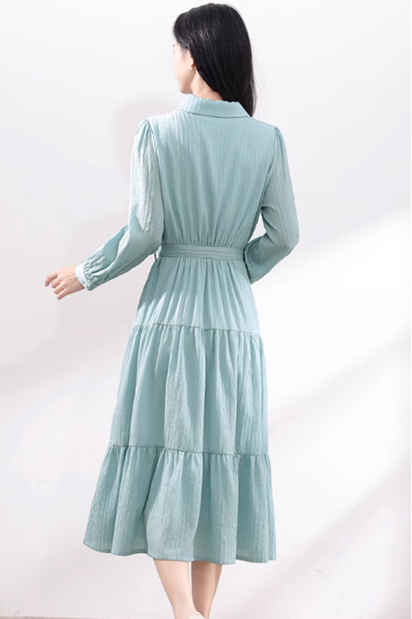 Long sleeves blue shirt dress with tie belt waist 4877