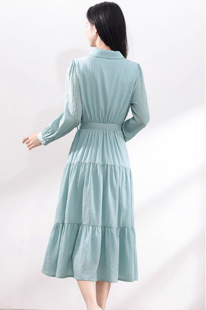 Blue Polyester Shirt Dress with Tie Belt Waist - Tiered, Long Sleeve 4877