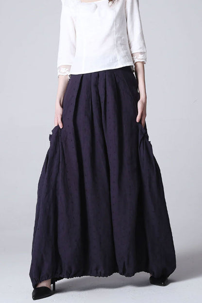 Navy Linen Maxi Skirt - Pleated with Pockets 1191