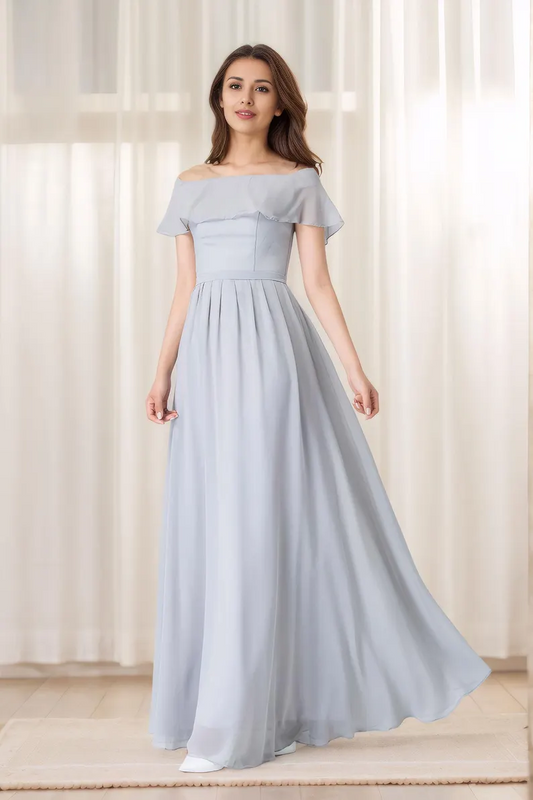 Grey Chiffon Bridesmaid Dress – Women’s Off Shoulder Floor Length Gown 1913