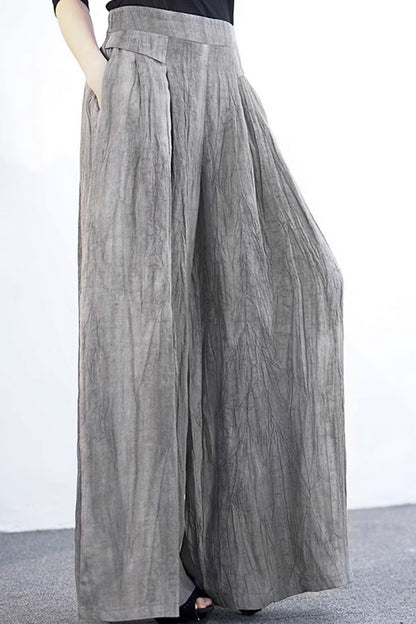 Gray Linen Wide Leg Pants - Retro High Waisted Relaxed Fit 4368