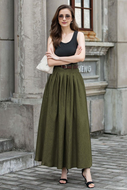 Cotton Pleated Maxi Skirt - Pockets A-Line | Xiaolizi 5780