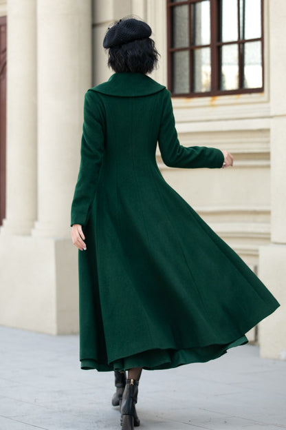 Elegant Winter Wool Coat – Dark Green Double Breasted A-Line – 5452