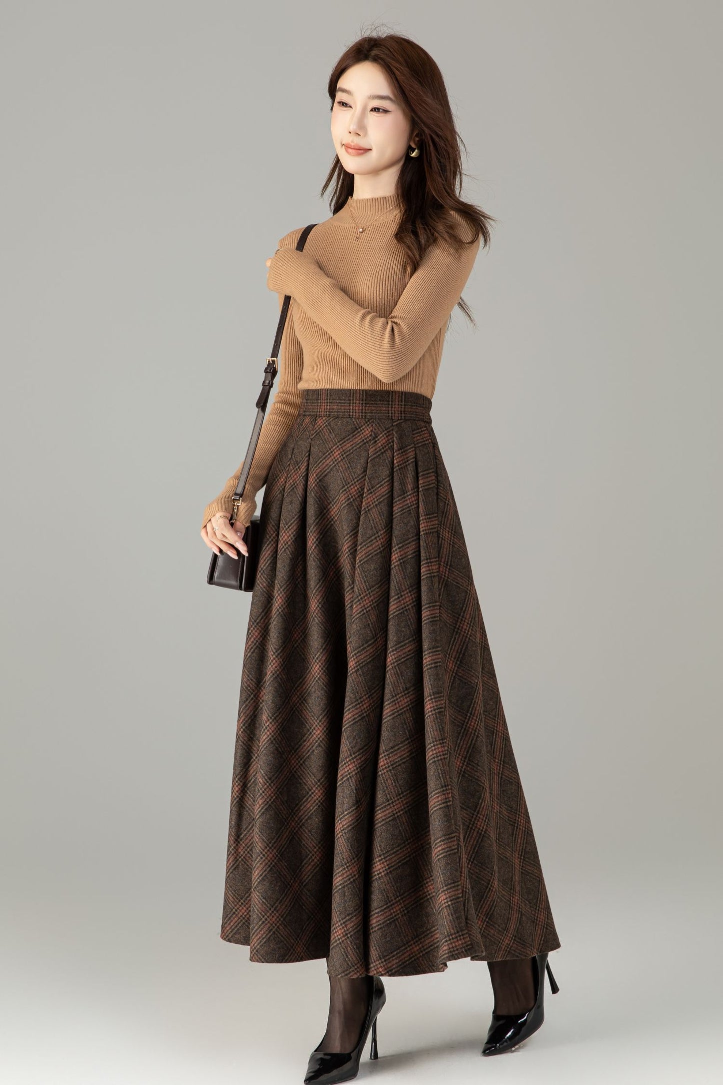 Handmade Wool Blend Plaid Skirt – Vintage Long A-Line Maxi for Autumn Winter 6505
