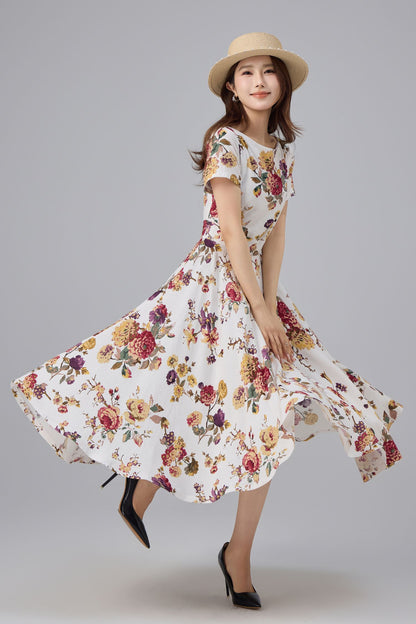 Floral Linen Cotton Midi Dress - Flattering Waist, A-line Swing | Xiaolizi 6762