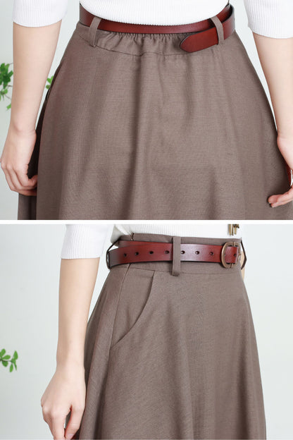 Beige Linen Cotton Midi Skirt - High-Waisted A-Line with Pockets 5740