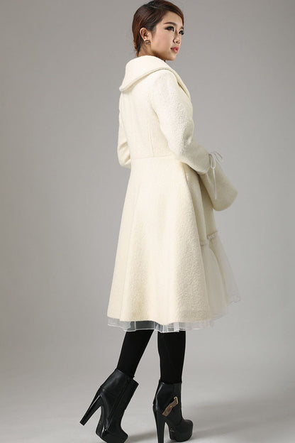 White Wool Blend Coat - Flared Bell Sleeve with Sheer Hem 725