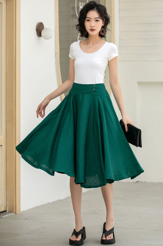 Classic Dark Green Linen Midi Skirt – High-Waisted A-Line Flare – 5834
