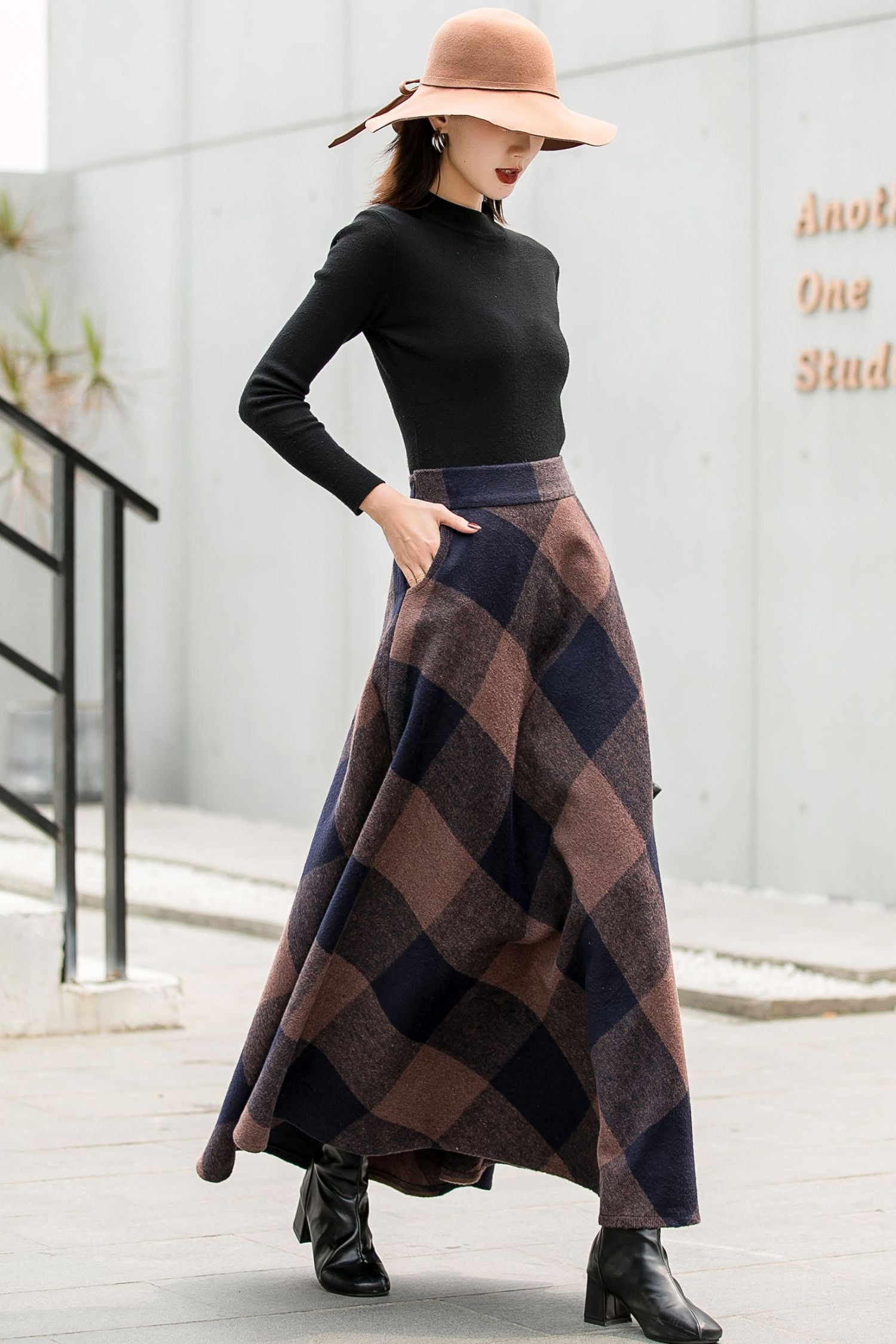 Vintage Inspired Plaid Wool Maxi Skirt 2837