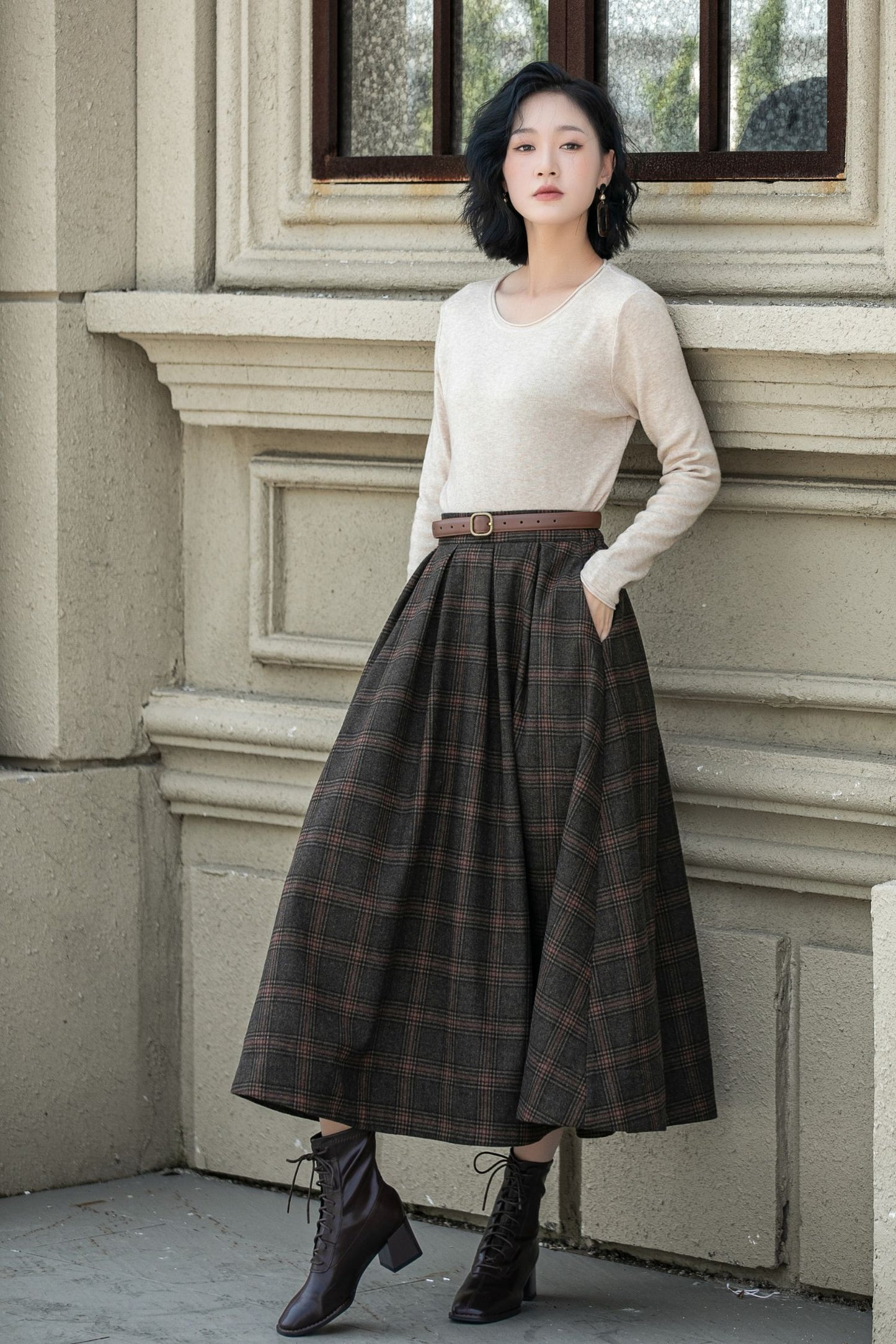 A line plaid midi winter wool skirt 5315