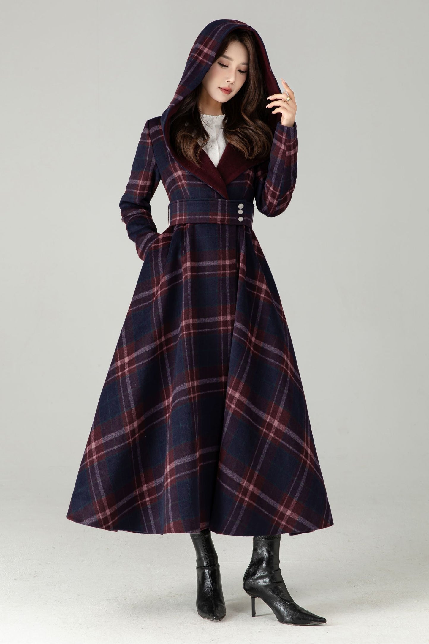 Plaid Hooded Wool Coat – A-Line Long Winter Coat with Contrast Lapel | Xiaolizi 6570
