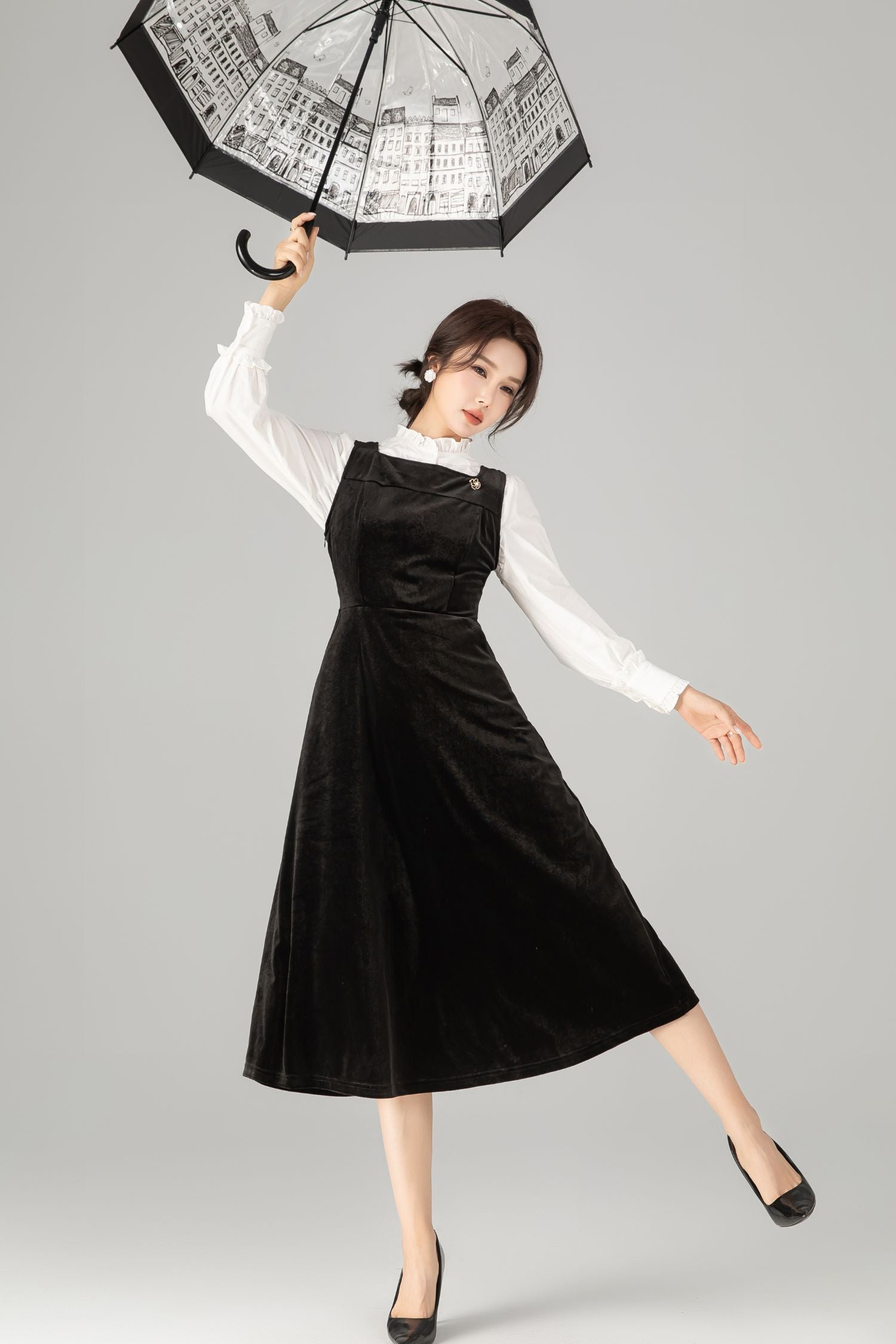 Black Velvet Midi Pinafore Dress - Vintage A-Line Silhouette 5717