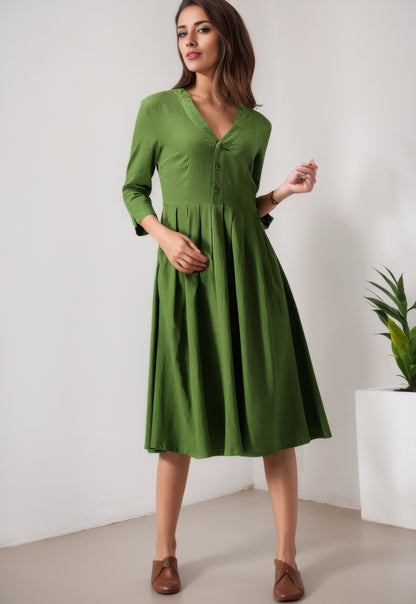 Brown Linen Blend Midi Dress - V-Neck, Button-Up, Relaxed Fit 5600