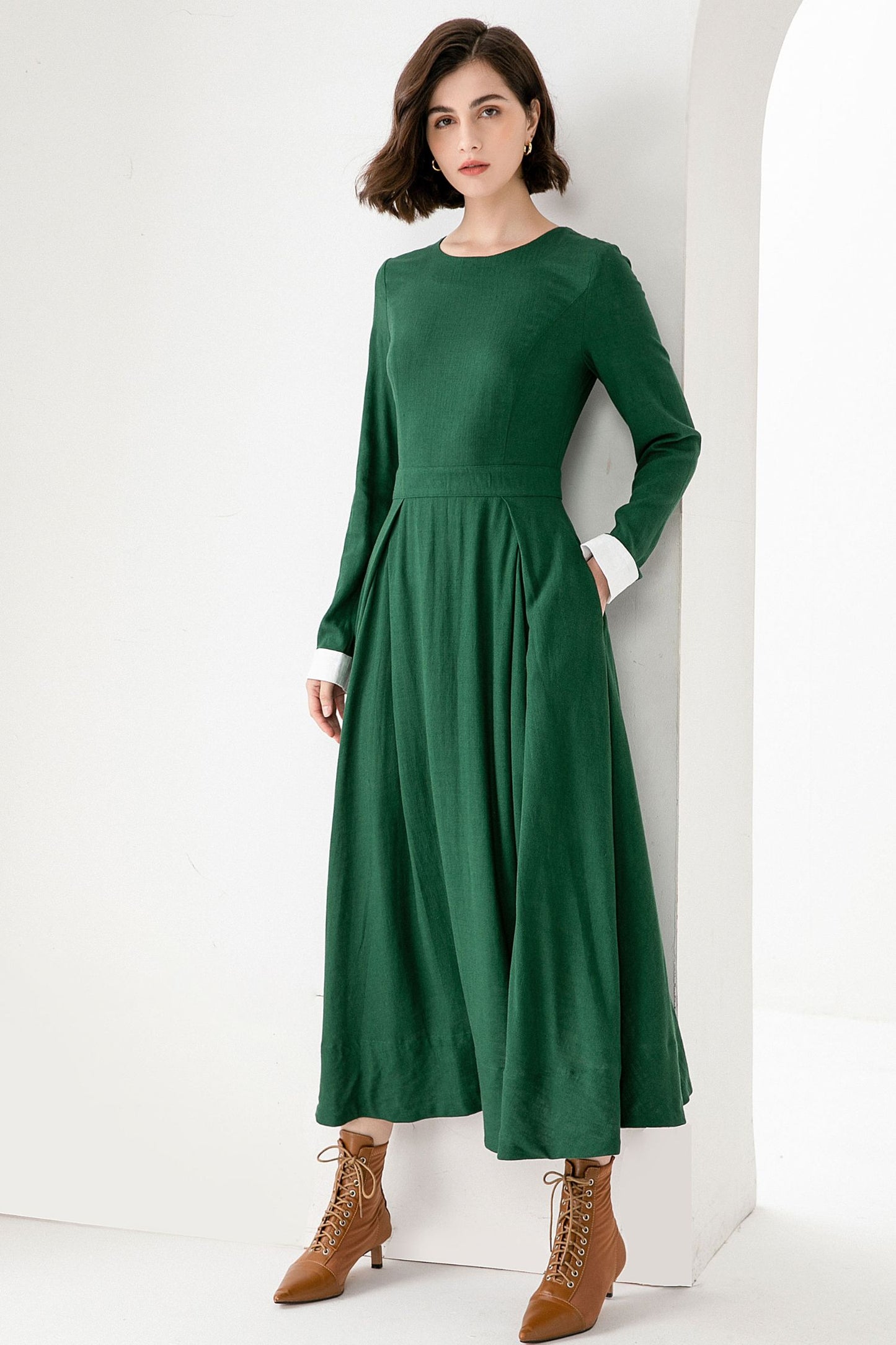 Women Long Sleeve Maxi Linen Dress 3830