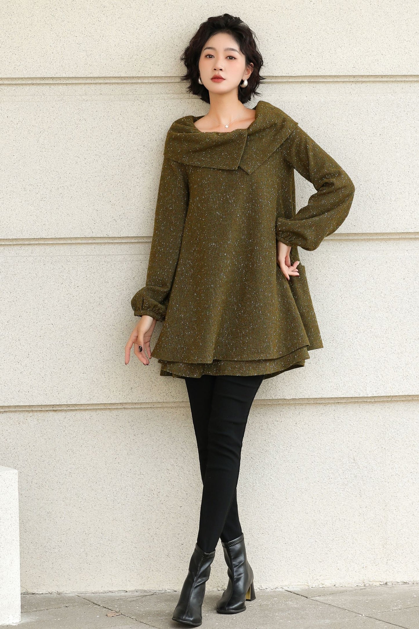 Handmade Wool Blend Tunic Coat – Vintage-Inspired Oversized Collar for Fall/Winter | Xiaolizi 6513