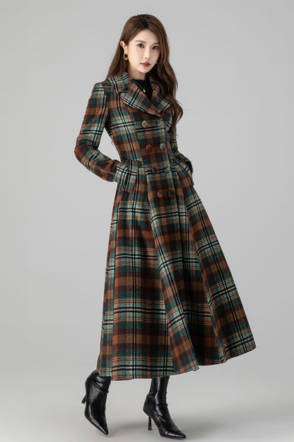 Women’s Wool Fit-and-Flare Long Coat – Double-Breasted Plaid 4510