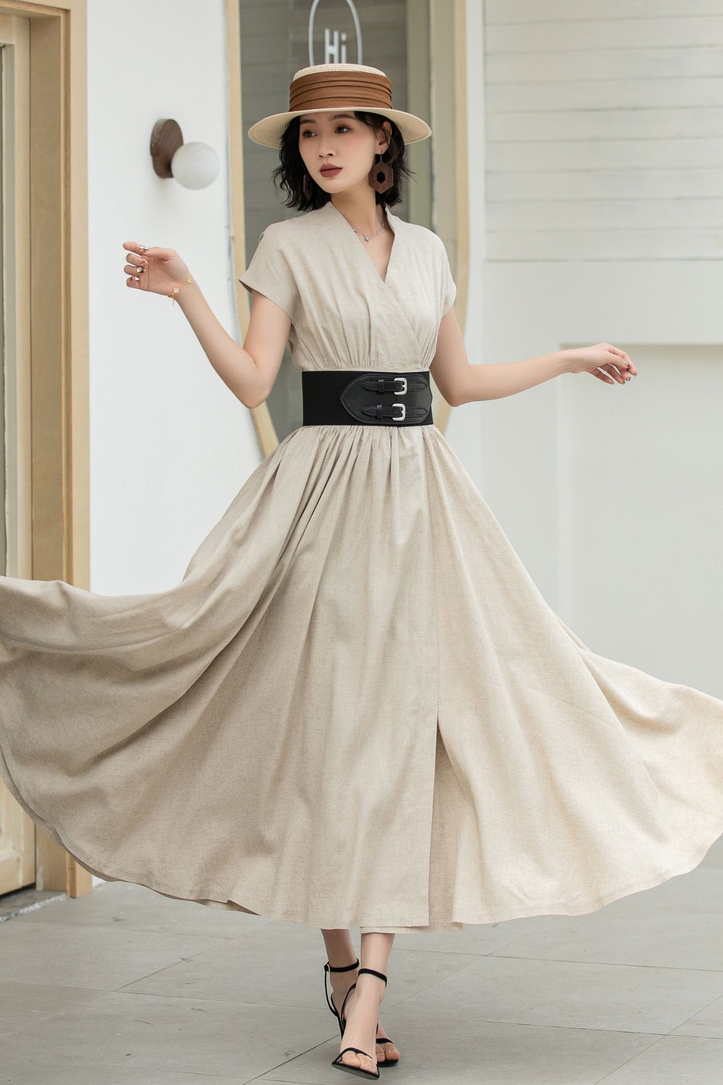 Beige Linen Wrap Dress – Short Sleeve Midi Dress with Belt & Pockets 5836