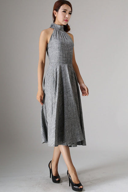 Sleeveless gray midi summer linen dress 988