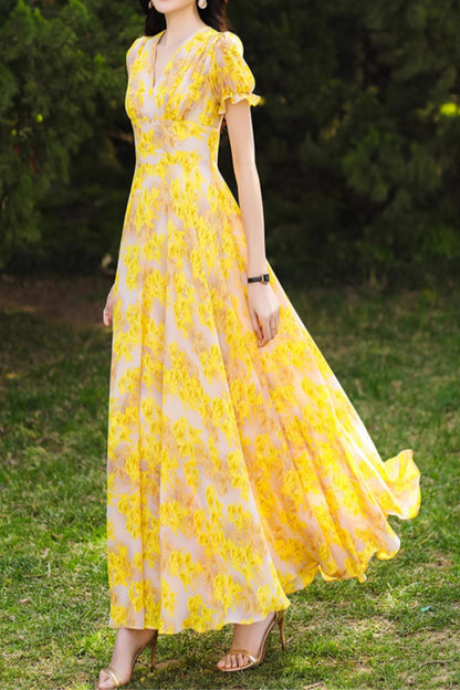 Yellow Floral Chiffon Maxi Dress - Romantic V-Neck, Fitted Waist 5093