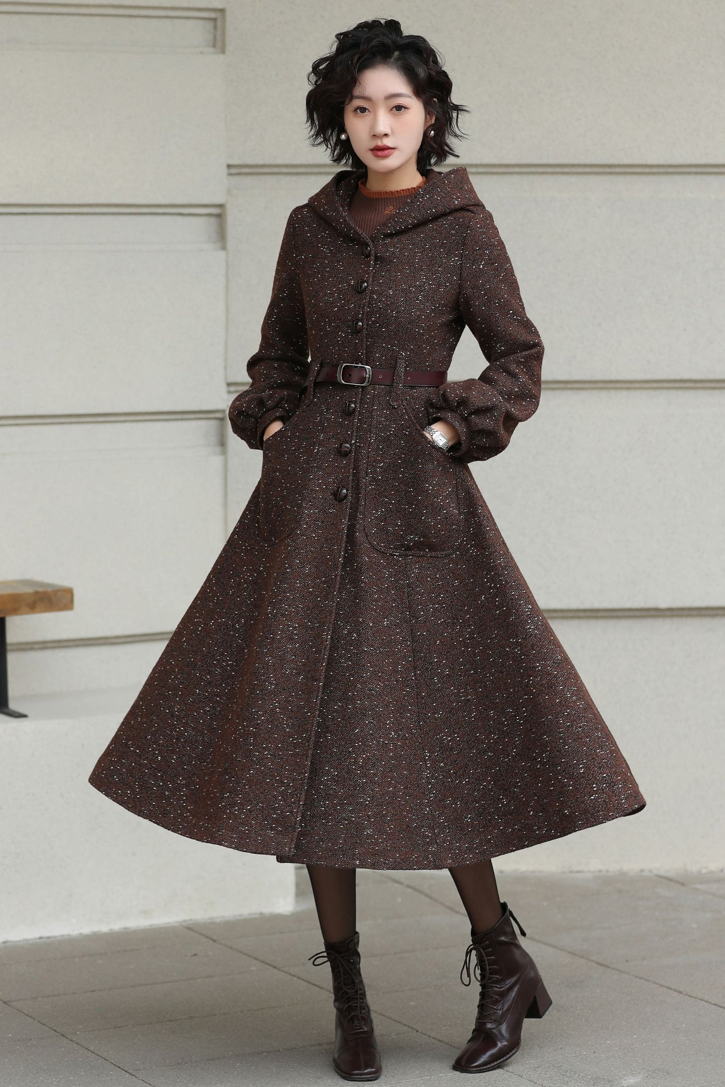 Xiaolizi Handmade Vintage Wool Coat – Brown Hooded Belted Swing Winter Coat 6610