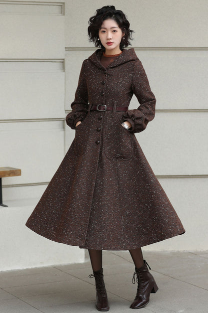 Xiaolizi Handmade Vintage Wool Coat – Brown Hooded Belted Swing Winter Coat 6610