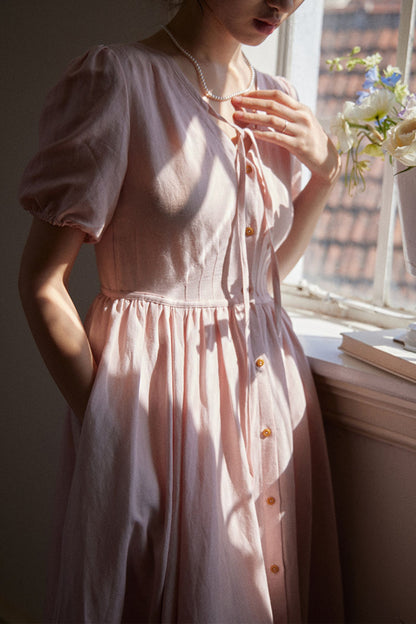 Pink Linen Midi Dress - Fit and Flare, Button Closure HY0037