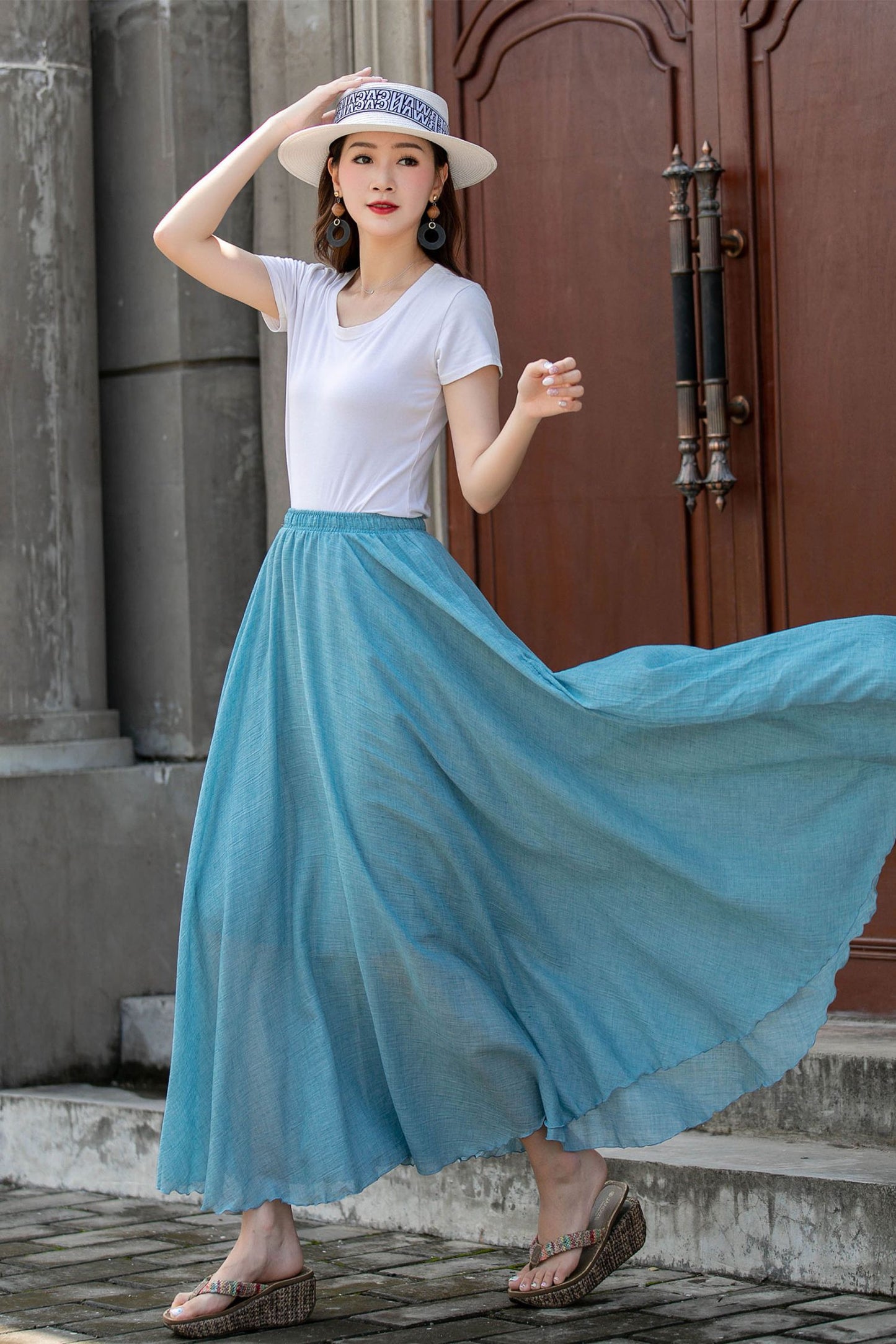 Long cotton swing blue summer skirt 4412