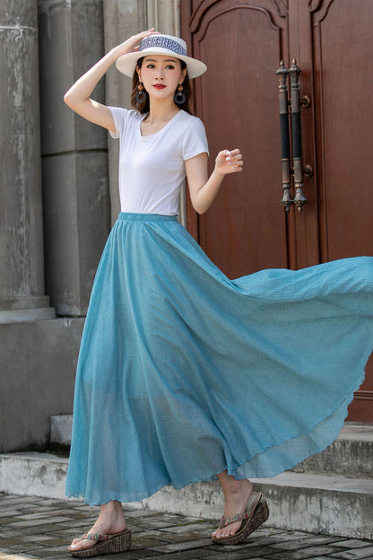 Blue Cotton-Linen Long Circle Skirt - Pleated Waist, Elastic Fit 4412
