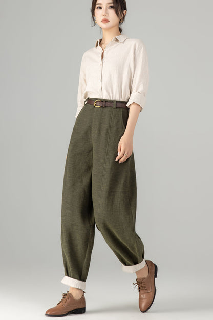 Army Green Linen Baggy Pants - Loose Fit, Ankle Length 5703