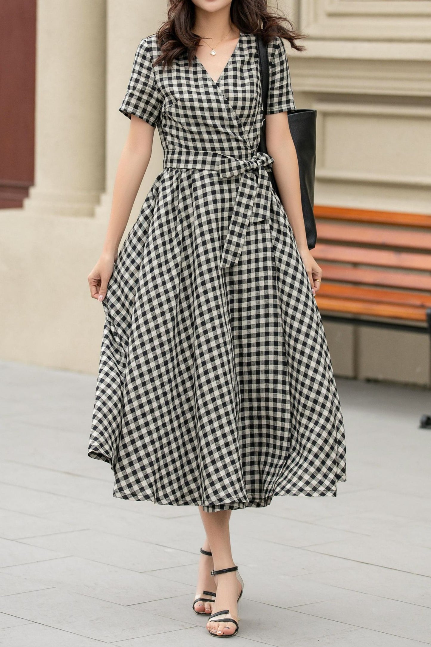 Black and white summer plaid linen wrap dress 4948