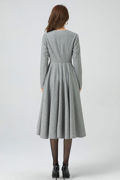 Gray Wool Midi Dress - Fit and Flare V-Neck Swing Silhouette 5304