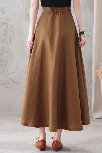 Brown Linen Maxi Skirt - High Waist A-Line with Pockets 3286